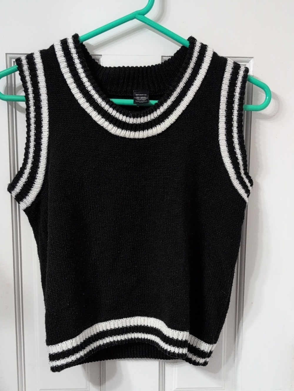 Black Knit Sleeveless Sweater Vest with White Stripes